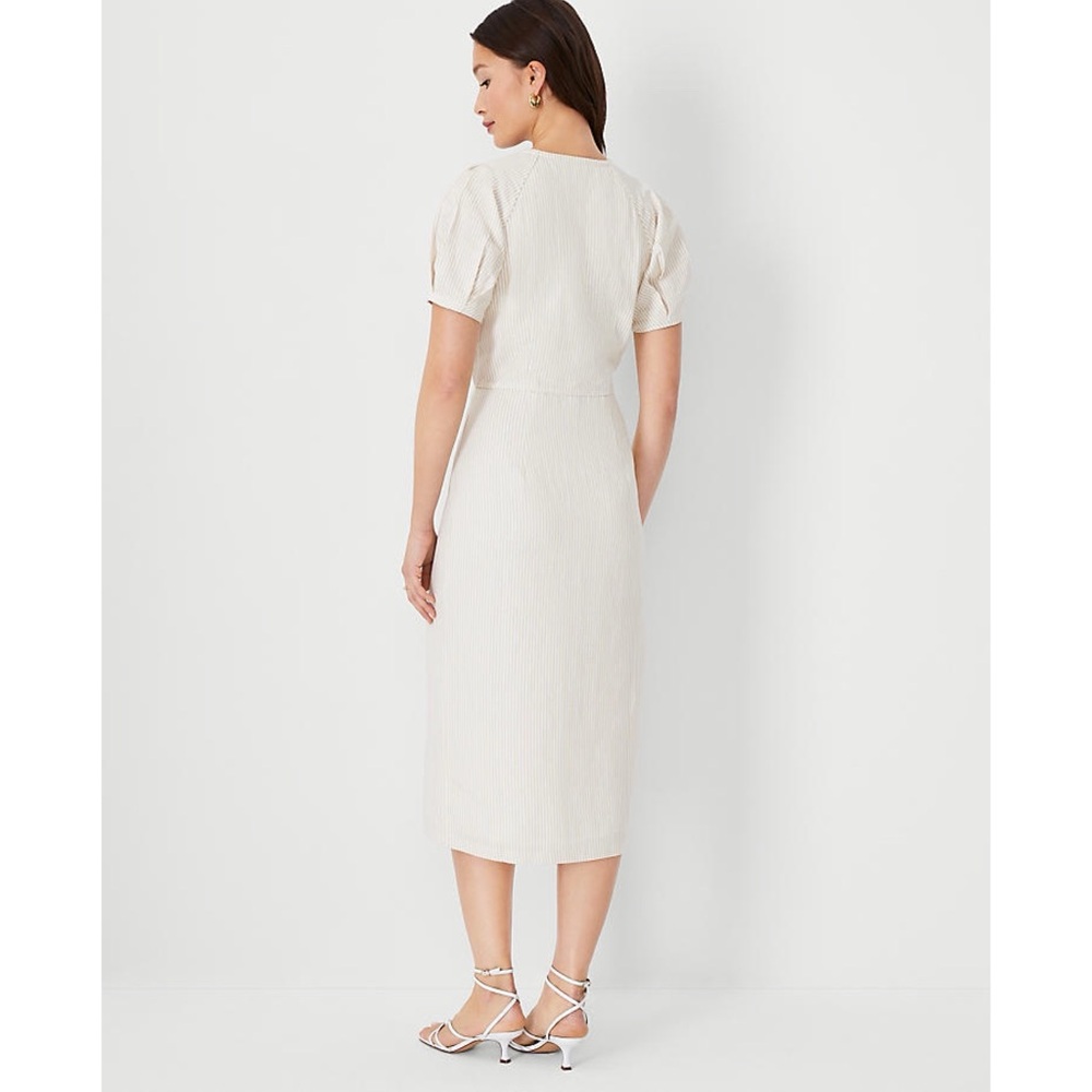 NWT Ann Taylor Toasted Oat Striped Balloon Sleeve Button Front Midi Dress Sz 16 - Picture 2 of 8